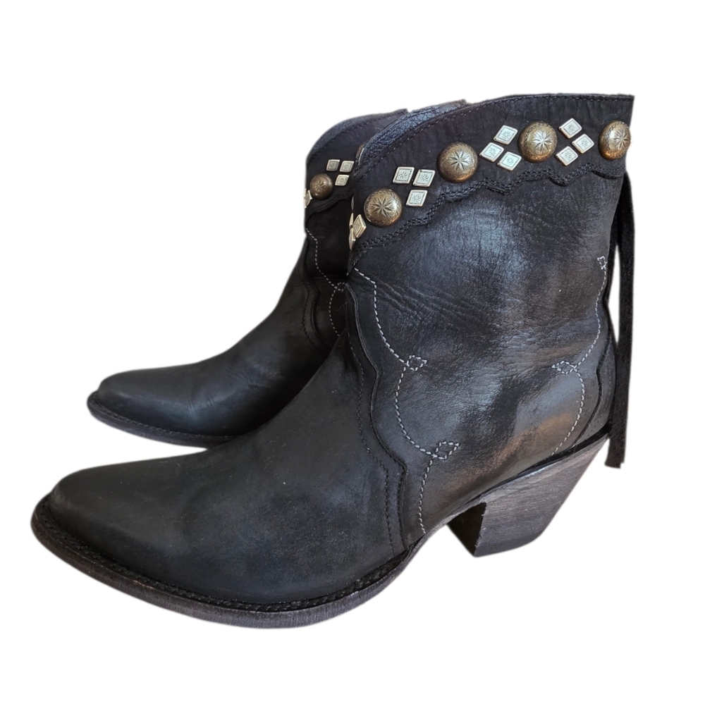 Yippee Ki Yay Old Gringo Black Leather Ankle Boots Fringe & Studded Western 8.5 - Picture 2 of 16